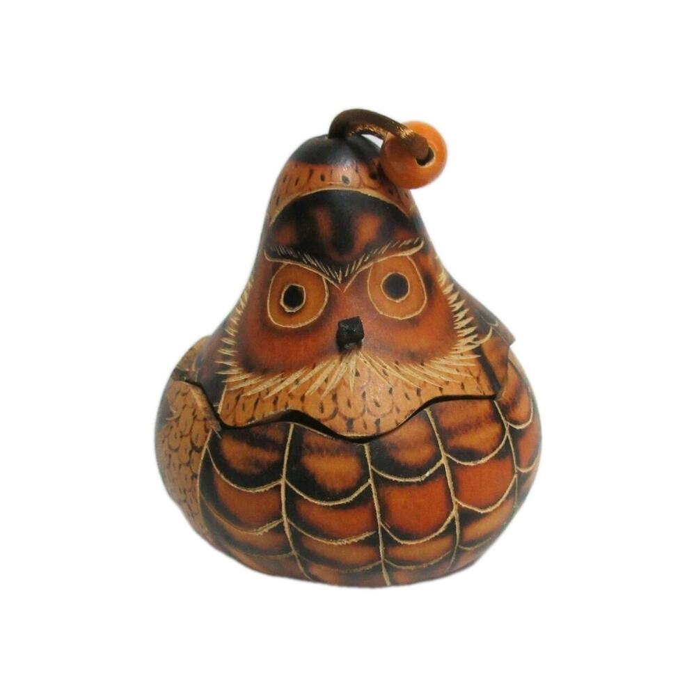 Handmade Carved Lucuma Fruit Gourd Hand Painted Owl Trinket Box Folk Art